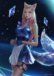  1girl ahri animal_ears bare_shoulders blonde_hair blue_eyes blue_eyeshadow breasts choker crystal_tail dutch_angle eyeshadow fingerless_gloves forehead fox_ears gloves gradient_hair hair_ornament hairclip highres k/da_(league_of_legends) league_of_legends lips long_hair looking_at_viewer makeup medium_breasts multicolored_hair nibelart parted_lips pink_hair single_fingerless_glove solo the_baddest_ahri whisker_markings 