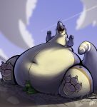  2016 3_fingers 3_toes 4_fingers anthro belly big_belly blue_body blue_scales blue_sky claws cloud dinosaur duncan_roo duo fingers fur green_body green_fur hi_res kangaroo larger_pet macro macroceli macroceli_(artist) macropod male mammal marsupial navel nude open_mouth pet reptile scales scalie sitting_on sitting_on_character size_difference sky tail_grab teeth theropod thick_tail toes tyrannosaurid tyrannosaurus tyrannosaurus_rex vehicle white_body white_claws 
