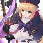  1girl artoria_pendragon_(all) artoria_pendragon_(caster) black_gloves blonde_hair bow bowtie closed_mouth coat fate/grand_order fate_(series) floating_hair gloves green_eyes holding holding_staff long_hair long_sleeves looking_at_viewer purple_capelet purple_neckwear simple_background solo staff very_long_hair white_coat whitem_(whiteemperor2020) 