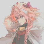  1boy astolfo_(fate) bad_id bad_twitter_id bow braid cape closed_mouth fate/apocrypha fate_(series) fur-trimmed_cape fur_trim gorget grey_background grey_cape hair_bow looking_at_viewer male_focus multicolored_hair otoko_no_ko pink_eyes pink_hair purple_bow sankomichi simple_background single_braid solo streaked_hair upper_body 