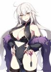  1girl ahoge bangs bare_shoulders black_bra black_dress black_legwear blush bra breasts bridal_gauntlets cleavage detached_sleeves dress feather_boa grin hair_between_eyes hands_on_hips highres jeanne_d&#039;arc_(alter)_(fate) jeanne_d&#039;arc_(fate)_(all) large_breasts long_hair looking_at_viewer pelvic_curtain silver_hair simple_background smile tassel thighhighs thighs tsurime underwear very_long_hair white_background yellow_eyes zeroshiki_kouichi 