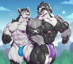  2019 5_fingers abs anthro anthrofied big_biceps big_muscles biped blue_sky bulge clothed clothing day dialogue digital_media_(artwork) duo english_text fingers genital_outline gloves_(marking) huge_muscles hyper hyper_muscles licking licking_lips male markings mightyena muscular muscular_anthro muscular_male navel nintendo obstagoon partial_nudity penis_outline pok&eacute;mon pok&eacute;mon_(species) sharp_teeth sky sxfpantera teeth text thick_thighs tongue tongue_out topless video_games 