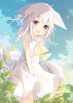  1girl :d animal_ear_fluff animal_ears bangs bare_arms bare_shoulders blush bow brown_eyes commentary_request day dress eyebrows_visible_through_hair hair_between_eyes highres kushida_you long_hair looking_at_viewer open_mouth original outdoors sleeveless sleeveless_dress smile solo standing tail white_bow white_dress white_hair yellow_bow 
