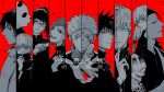  2girls 6+boys and_re animal bangs blue_eyes blunt_bangs column_lineup crossed_fingers facial_mark facial_tattoo fushiguro_megumi getou_suguru glasses gojou_satoru greyscale hair_between_eyes hand_mouth hand_up high_collar highres holding holding_weapon inumaki_toge itadori_yuuji jacket japanese_clothes jogo_(jujutsu_kaisen) jujutsu_kaisen kimono kugisaki_nobara long_sleeves looking_at_viewer mahito_(jujutsu_kaisen) monochrome monster multiple_boys multiple_girls nail okkotsu_yuuta one-eyed open_mouth outstretched_hand panda panda_(jujutsu_kaisen) ponytail profile red_background ryoumen_sukuna_(jujutsu_kaisen) scar scar_on_face scar_on_forehead school_uniform short_hair sideways_glance smile spiked_hair spot_color swept_bangs tattoo weapon zenin_maki 