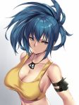  1girl arm_strap bare_shoulders blue_eyes blue_hair breasts cleavage closed_mouth collarbone dog_tags from_above gradient gradient_background highres large_breasts leona_heidern long_hair looking_at_viewer looking_up ponytail pouch serious solo sports_bra takanashi-a the_king_of_fighters upper_body white_background 