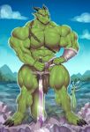  2019 3_toes 5_fingers abs anthro big_biceps biped blue_sky bottomwear claws clothed clothing day digital_media_(artwork) dragon fingers front_view hi_res horn loincloth male melee_weapon muscular muscular_anthro muscular_male navel red_eyes sky solo standing sword sxfpantera thick_thighs toe_claws toes varanis_blackclaw veiny_muscles weapon 