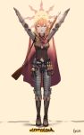  1girl absurdres bangs blonde_hair blue_eyes bolt_action boots breasts cape clothing_cutout commission dark_souls english_commentary full_body gar32 gauntlets girls_frontline gun hair_ornament highres knee_boots long_hair mosin-nagant mosin-nagant_(girls_frontline) navel_cutout official_alternate_costume open_mouth plate_armor praise_the_sun red_cape rifle simple_background solo souls_(from_software) standing weapon 
