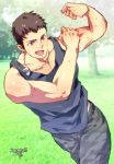  1boy alternate_costume bare_arms bare_shoulders blue_tank_top brown_hair camouflage camouflage_pants collarbone cowboy_shot flexing idolmaster idolmaster_side-m jewelry kiduguch male_focus necklace pants pose purple_eyes running shingen_seiji short_hair solo tank_top toned toned_male 