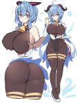  1girl ass bare_shoulders blue_hair blush bodysuit breast_grab breasts from_behind from_below ganyu_(genshin_impact) genshin_impact grabbing horns kuavera large_breasts long_hair looking_at_viewer low_ponytail multiple_views pantyhose ponytail purple_eyes shiny shiny_hair smile very_long_hair work_in_progress 