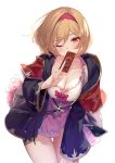  1girl absurdres aki663 artist_name bangs between_fingers blonde_hair blue_coat blush breasts card cleavage coat collarbone commentary_request covering_mouth cowboy_shot djeeta_(granblue_fantasy) eyebrows_visible_through_hair gold_trim granblue_fantasy hair_between_eyes hairband highres leaning_forward long_sleeves looking_at_viewer medium_breasts one_eye_closed pink_hairband pink_skirt red_eyes shirt short_hair simple_background skirt solo standing swept_bangs twisted_torso white_background white_shirt wide_sleeves 