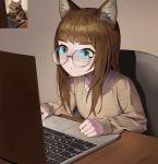  1girl animal_ears bangs blunt_bangs brown_hair cat_ears commentary computer dongho_kang english_commentary glasses highres indoors laptop long_hair long_sleeves looking_at_screen open_mouth original photo-referenced real_life round_eyewear sitting solo sweater 