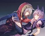  2girls animal_ears arknights blush commentary_request dark_background grey_hair hood hooded_jacket jacket multiple_girls projekt_red_(arknights) provence_(arknights) purple_hair tail thighhighs wolf_ears wolf_girl wolf_tail wu_you yellow_eyes yuri 