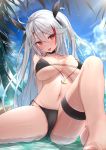  1girl antenna_hair azur_lane bare_shoulders beach bikini black_bikini black_choker breasts choker cleavage collarbone day hair_between_eyes hair_ribbon halterneck highres knee_up large_breasts long_hair looking_at_viewer multicolored_hair navel outdoors prinz_eugen_(azur_lane) prinz_eugen_(unfading_smile)_(azur_lane) red_eyes ribbon side-tie_bikini sitting solo stomach streaked_hair string_bikini sunlight swimsuit thigh_strap thighs tongue tongue_out two_side_up very_long_hair water west_24 wet white_hair 