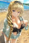  beach bikini bikini_under_clothes blonde_hair blue_eyes breasts cleavage eyebrows_visible_through_hair fate/apocrypha fate/grand_order fate_(series) hairband highres jacket jeanne_d&#039;arc_(fate) jeanne_d&#039;arc_(fate)_(all) large_breasts long_braid long_hair looking_at_viewer open_clothes open_jacket sakazakinchan standing swimsuit thigh_strap unzipped 