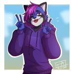  1:1 ailurid anthro blue_body casey_(manicpandaz) clothing hair happy hi_res hoodie male mammal one_eye_closed peace_signs pose purple_eyes purple_hair red_panda smile snaggle_tooth solo tambel_art tongue tongue_out topwear wink 