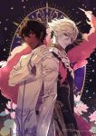  2boys arjuna_(fate/grand_order) arm_behind_head back-to-back bangs black_background black_bodysuit black_eyes black_hair blue_eyes bodysuit bracelet choker coat cowboy_shot dark_skin dark_skinned_male earrings fate/grand_order fate_(series) flower gloves hair_between_eyes hand_on_own_shoulder highres jewelry karna_(fate) long_sleeves looking_at_viewer male_focus multiple_boys open_mouth pale_skin short_hair smile standing twitter_username watermark web_address white_coat white_gloves white_hair yanagiba_kiriko 