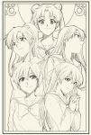  5girls aino_minako bangs bishoujo_senshi_sailor_moon bow breasts brooch closed_mouth collarbone crescent double_bun hair_bow hair_ornament half_updo hino_rei inner_senshi jewelry kino_makoto light_smile long_hair looking_at_viewer medium_breasts mizuno_ami monochrome multiple_girls neck_ribbon neckerchief ponytail profile ribbon sailor_collar school_uniform shirt short_hair smile tsubobot tsukino_usagi twintails very_long_hair 