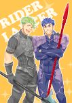  2boys achilles_(fate) armor blue_hair cu_chulainn_(fate)_(all) fate/apocrypha fate/stay_night fate_(series) gae_bolg gloves green_hair hand_on_shoulder lancer long_hair look-alike male_focus multiple_boys polearm ponytail red_eyes simoich spear weapon 