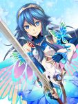  1girl bangs belt blue_eyes blue_hair breasts butterfly_wings capelet cloak falchion_(fire_emblem) fire_emblem fire_emblem_awakening fire_emblem_heroes gloves highres holding holding_sword holding_weapon kakiko210 long_hair looking_at_viewer lucina_(fire_emblem) official_alternate_costume small_breasts smile solo sword tiara weapon wings 