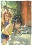  2girls absurdres adjusting_hair alphonse_(white_datura) armpits blue_shirt blue_shorts braid brown_hair closed_eyes drinking english_text glasses highres long_hair looking_at_viewer mouth_hold multiple_girls original outdoors red-framed_eyewear shirt short_hair shorts sleeveless sleeveless_shirt twin_braids water yellow_shirt 