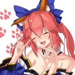  1girl absurdres animal_ear_fluff animal_ears artist_request bare_shoulders blue_kimono blue_ribbon breasts cleavage closed_eyes detached_sleeves double_fox_shadow_puppet eyebrows_visible_through_hair fang fate/extella fate/extra fate/grand_order fate_(series) fox_ears fox_girl fox_shadow_puppet hair_ribbon highres japanese_clothes kimono large_breasts looking_at_viewer open_mouth pink_hair ribbon solo tamamo_(fate)_(all) tamamo_no_mae_(fate) yellow_eyes 
