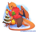  2020 anthro blue_eyes bottomwear chari-gal charizard christmas christmas_tree claws clothed clothing female fire flaming_tail fully_clothed holidays macro nintendo pants pok&eacute;mon pok&eacute;mon_(species) seamen solo sweater text toe_claws topwear tree url video_games wings 