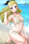  1girl artist_name assam_(girls_und_panzer) barefoot beach bikini black_ribbon blonde_hair blue_eyes blue_sky breasts commentary dated girls_und_panzer hair_pulled_back hair_ribbon hand_in_hair hand_on_own_knee horizon kneeling long_hair looking_at_viewer matsui_yasutsugu medium_breasts navel ocean ribbon shore signature sky smile solo swimsuit white_bikini wind 