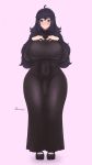  1girl absurdres black_dress breasts curvy dress fraankyy full_body futanari hands_on_own_chest hex_maniac_(pokemon) highres large_breasts long_dress looking_at_viewer nail_polish penis_under_clothes pokemon purple_eyes purple_hair socks standing thick_thighs thighs wide_hips 
