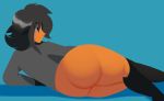 absurd_res animal_humanoid anthro azon_azimuth bedroom_eyes big_butt black_hair blue_eyes bottomless butt clothed clothing donya dragon dragon_humanoid girly hair hi_res humanoid looking_at_viewer looking_back lying male narrowed_eyes on_side seductive shirt solo topwear 