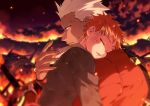  2boys archer blurry blurry_background burning carrying child closed_eyes dark_skin dark_skinned_male dirty embers emiya_shirou fate/stay_night fate_(series) from_side head_on_another&#039;s_shoulder holding holding_person k_gear_labo multiple_boys red_hair time_paradox white_hair younger 