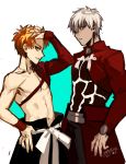  2boys archer armor dark_skin dated emiya_shirou fate/grand_order fate_(series) grey_eyes hand_on_hip hand_on_own_head highres igote kani_seijin limited/zero_over looking_at_viewer male_focus multiple_boys orange_hair profile sengo_muramasa_(fate) shirtless signature simple_background upper_body white_hair wristband yellow_eyes 