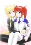  2girls aegiszan blonde_hair blush collared_shirt couple fate_testarossa happy hug hug_from_behind indian_style jacket long_hair lyrical_nanoha mahou_shoujo_lyrical_nanoha_strikers military military_uniform multiple_girls neck_ribbon orange_hair red_ribbon ribbon shirt side_ponytail simple_background sitting smile takamachi_nanoha uniform very_long_hair white_background yellow_ribbon yuri 