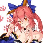  1girl absurdres animal_ear_fluff animal_ears artist_request bare_shoulders blue_kimono blue_ribbon breasts cleavage closed_mouth detached_sleeves double_fox_shadow_puppet eyebrows_visible_through_hair fang fate/extella fate/extra fate/grand_order fate_(series) fox_ears fox_girl fox_shadow_puppet hair_ribbon highres japanese_clothes kimono large_breasts looking_at_viewer pink_hair ribbon solo tamamo_(fate)_(all) tamamo_no_mae_(fate) yellow_eyes 