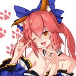  1girl absurdres animal_ear_fluff animal_ears artist_request bare_shoulders blue_kimono blue_ribbon breasts cleavage detached_sleeves double_fox_shadow_puppet eyebrows_visible_through_hair fang fate/extella fate/extra fate/grand_order fate_(series) fox_ears fox_girl fox_shadow_puppet hair_ribbon highres japanese_clothes kimono large_breasts looking_at_viewer one_eye_closed open_mouth pink_hair ribbon solo tamamo_(fate)_(all) tamamo_no_mae_(fate) yellow_eyes 