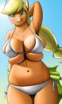  anthro applejack_(mlp) big_breasts bikini biped blonde_hair blush breasts cleavage clothed clothing creatiffy earth_pony equid equine female freckles friendship_is_magic fur green_eyes hair hasbro hi_res horse huge_breasts humanoid looking_at_viewer mammal my_little_pony pony simple_background smile solo swimwear teeth thick_thighs 