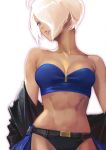  1girl abs ahoge alternate_costume angel_(kof) bandeau bare_shoulders belt black_jacket black_panties blue_eyes breasts chaps cleavage commentary_request dark_skin dark_skinned_female hair_over_one_eye highres jacket leather leather_jacket lips lipstick looking_at_viewer makeup medium_breasts off-shoulder_jacket outline panties sanwood_mori short_hair solo strapless the_king_of_fighters toned underwear white_background white_hair 