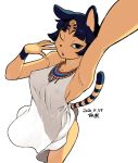  1girl animal_crossing animal_ears animal_nose ankha_(animal_crossing) arm_up armpits black_eyes black_hair breasts cat_ears cat_tail colored_skin covered_nipples dated dress egyptian egyptian_clothes eyebrows_visible_through_hair eyeliner from_above furry hair_ornament makeup medium_breasts no_bra one_eye_closed perky_breasts self_shot short_hair sideboob sleeveless sleeveless_dress snake_hair_ornament solo striped_tail tail tail_lift tsukudani_(coke-buta) white_background white_dress yellow_skin 