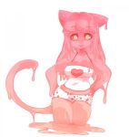  &lt;3 animal_humanoid bottomwear cat_humanoid clothing felid felid_humanoid feline feline_humanoid female goo_creature gui_(character) hi_res humanoid looking_at_viewer mammal mammal_humanoid pink_body punipaws shorts simple_background slime solo white_background 