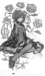  1girl absurdres bags_under_eyes bangs closed_mouth eyebrows_visible_through_hair facing_away flower fuupu greyscale half-closed_eyes hand_up highres komeiji_satori monochrome rose short_hair simple_background sitting slippers solo touhou white_background 