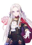  1girl azutarou capelet closed_mouth commentary_request edelgard_von_hresvelg fire_emblem fire_emblem:_three_houses floral_print flower forehead garreg_mach_monastery_uniform gloves hair_ribbon long_hair looking_at_viewer outstretched_hand purple_eyes purple_ribbon red_capelet red_flower red_rose ribbon rose signature simple_background smile solo twitter_username uniform white_background white_gloves white_hair 