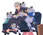  1boy alolan_form alolan_meowth black_jacket black_pants brushing commentary_request couch footstool gen_7_pokemon green_(grimy) grey_hair hair_brush half-closed_eyes head_down highres holding holding_pokemon jacket male_focus nanu_(pokemon) pants pokemon pokemon_(creature) pokemon_(game) pokemon_sm red_eyes red_shirt sandals shirt short_sleeves sitting toes 
