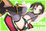  1girl arm_up armpits artist_name bangs black_footwear black_hair black_neckwear blue_eyes blue_shorts boots bow bowtie breasts character_name commentary cropped_shirt english_text green_background green_eyes grey_legwear grey_shirt grin hip_vent hololive looking_at_viewer medium_breasts midriff multicolored multicolored_eyes navel nokachoco114 oozora_subaru parted_bangs pinstripe_pattern polka_dot polka_dot_background shirt short_hair short_shorts shorts simple_background sleeveless sleeveless_shirt smile solo striped striped_shirt suspender_shorts suspenders thighhighs thighs vertical-striped_shirt vertical_stripes virtual_youtuber 