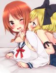  2girls arms_around_neck bare_arms bare_back bare_shoulders blonde_hair blush dress from_behind furrowed_eyebrows hair_ribbon highres lying lying_on_person multiple_girls on_bed on_stomach one_eye_closed red_eyes red_hair ribbon school_uniform short_hair sk02 tonari_no_kyuuketsuki-san yuri 