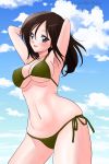  1girl armpits arms_behind_head arms_up artist_name bangs bikini black_hair blue_eyes blue_sky breasts cleavage cloud cloudy_sky commentary cowboy_shot dated day girls_und_panzer green_bikini large_breasts long_hair looking_at_viewer matsui_yasutsugu megumi_(girls_und_panzer) navel open_mouth outdoors side-tie_bikini signature skindentation sky smile solo standing string_bikini swept_bangs swimsuit wind 