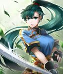  angry blue_dress clenched_teeth delsaber dress earrings fingerless_gloves fire_emblem fire_emblem:_the_blazing_blade gloves green_eyes green_hair jewelry katana leaf long_hair lyn_(fire_emblem) rope_belt sheath sparkle sword teeth weapon 