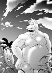  2011 anthro balls belly canid canine canis domestic_dog flaccid ganson genitals humanoid_hands kemono male mammal monochrome moobs nipples outside overweight overweight_anthro overweight_male penis solo 