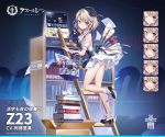  1girl :d :o ass azur_lane bare_shoulders beret black_footwear black_headwear blue_eyes blush book_stack bookshelf box cardboard_box character_name commentary_request copyright_request dress expressions frilled_dress frills hat iron_blood_(emblem) kaede_(yumesaki_kaede) ladder leg_up looking_at_viewer official_art one_eye_closed open_mouth platinum_blonde_hair short_dress short_hair sleeveless sleeveless_dress smile socks solo translation_request white_dress white_legwear z23_(azur_lane) 