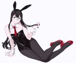  1girl absurdres animal_ears black_hair black_legwear black_leotard breasts bunny_ears bunny_tail detached_collar full_body green_eyes high_heels highres kantai_collection leotard long_hair looking_at_viewer necktie ojipon ooyodo_(kantai_collection) pantyhose playboy_bunny red_footwear red_neckwear semi-rimless_eyewear shiny shiny_clothes simple_background small_breasts solo strapless strapless_leotard tail under-rim_eyewear white_background wrist_cuffs 