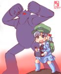  1girl alternate_costume backpack bag blue_hair cosplay full_body hat highres kantai_collection kawashiro_nitori look-alike mecha ooshio_(kantai_collection) tetsujin_28-gou 