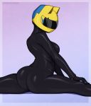  1girl afrobull ass black_bodysuit black_gloves bodysuit border breasts celty_sturluson commentary covered_face durarara!! english_commentary facing_viewer gloves gradient gradient_background grey_border helmet highres large_breasts long_sleeves motorcycle_helmet patreon_username purple_background skin_tight solo split watermark web_address 